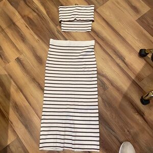 Striped Maxi Knit Skirt Set - Brown and White